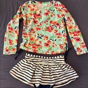 Ruffle Butts Floral and Striped Kids Swim Rashguard Set